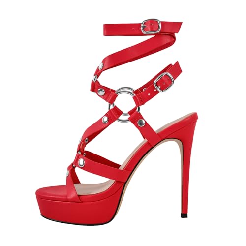Image of VERISSON Women's Grommets Stiletto Sandals Platform Open-back High Heels Cross Bands Open Toe Buckle-up Ankle Sandals Party Dressing