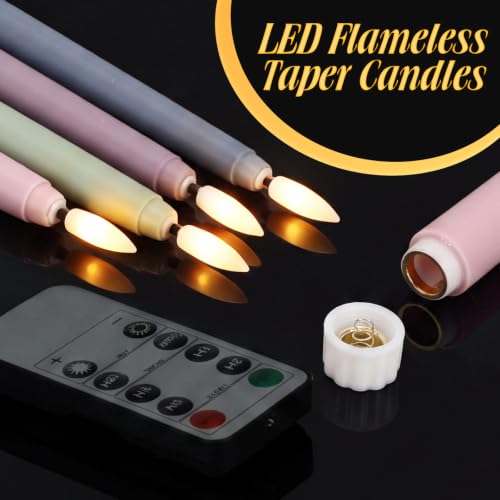 Image of Rossesay 16 Pcs Christmas Flameless Taper Candle with Remote Morandi Color | Battery LED Flickering Flame, 4 Sizes 8.5 inch-12.8 inch, Remote Timer, Bulk Set for Wedding Party Xmas Halloween Decor