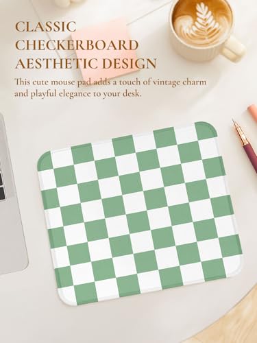 Image of Square Cute Checkered Mouse Pad with Stitched Edge, Premium Waterproof Cloth Aesthetic Small Plaid Mouse Mat, Non-Slip Rubber Base Funny Mousepad Desk Accessories,Checkerd Green White