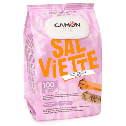 CAMON | Salviette Detergenti per Cani e Gatti, 30x17 cm, Confezione da 100 Salviette, Fragranza Bergamotto, Senza Alcool etilico né Parabeni, Made in Italy