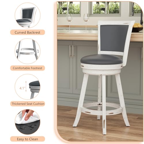Butacos Giratorios de Barra, Juego de 2 Unidades, Altura de Encimera 24", Asiento Tapizado en Cuero Sintético con Espaldar y Reposapiés, Patas de Madera Maciza, para Cocina, Comedor y Pub, Color Blanco Antiguo miniatura 6