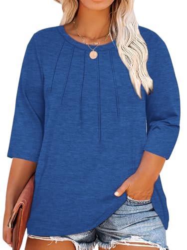 Chulianyouhuo Womens Plus Size Tops Casual 3/4 Sleeve Crewneck Pleated T Shirt Dressy Loose Tunic Blouse