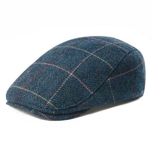 FEINION Men Wool Blend Flat Cap Tweed Newsboy Ivy Hat (Plaid Blue)