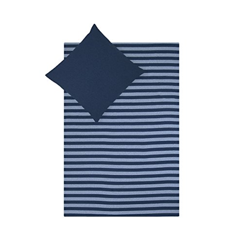 Traumschlaf Jersey Melange Wendebettwäsche Blau • Streifen & Uni • 100 % Baumwolle • Ganzjahresbettwäsche hautsympathisch & bügelleicht •...