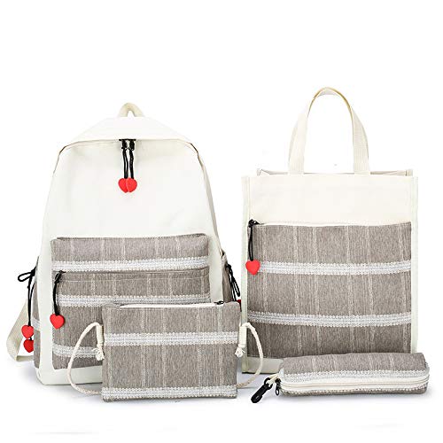 HOSD Heart Mochilas de Cuatro Piezas Plaid Small Fresh de Lona de Gran Capacidad