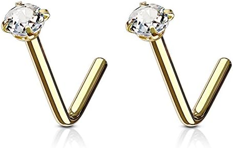 Forbidden Body Jewelry Nose Rings L Shaped, Nose Ring Studs, L Shaped Nose Studs, Nose Piercing Stud, 18g 6mm Surgical Steel L Shaped Nose Ring with 3mm CZ Crystal (2 Pack Gold IP Plated)