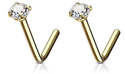 Forbidden Body Jewelry Nose Rings L Shaped, Nose Ring Studs, L Shaped Nose Studs, Nose Piercing Stud, 18G 6Mm Surgical Steel L Shaped Nose Ring With 3Mm Cz Crystal (2 Pack Gold Ip Plated) #TOP6