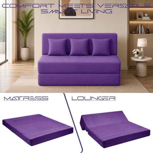 Image of Los Angeles Foldable Three Seater Sofa Cum Bed, Sofa Bed 5 X 6 Feet Jute Fabric Washable Cover- Including Cushion Perfect for Living Room & Office,Guest Room - Purple Color