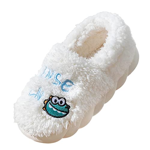Woaikeyu Zapatillas Mujer Invierno Cálido Zapatillas De Hogar Otoño e Invierno Moda Cómodo y Lindo Dibujos Animados Dinosaurio Color Sólido Fondo Grueso Antideslizante Cómodo (White, 37)