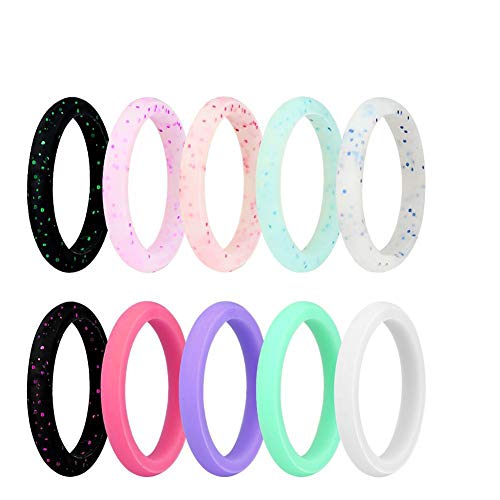 AMOTIE Silicone Wedding Ring for Women, Thin and Stackable Durable Rubber Safe Band for Love, Couple, Souvenir and Outdoor Active Exercise Style-10 Rings Pack