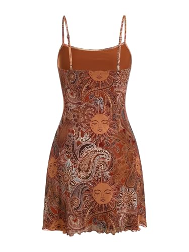 Image of Milumia Women's Summer Mini Dress 90s Boho A Line Mesh Short Dresses | Spaghetti Strap,Sleeveless,Vintage,Paisley Print,Festival Outfits,Cowgirl,Y2k,Goth,