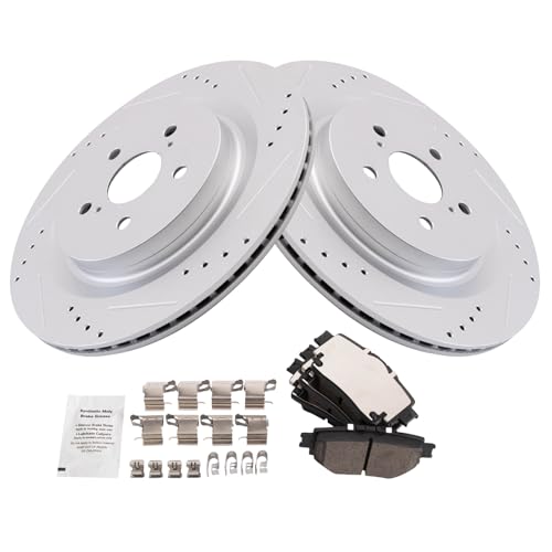 Image of TRQ Performance Rear Ceramic Brake Pad and Rotor Set Compatible with 20-24 Toyota Highlander 23-24 Lexus RX350 Japan Built Models 1st VIN Digit J 23-24 Lexus RX350h Japan Built Models 1st VIN Digit J