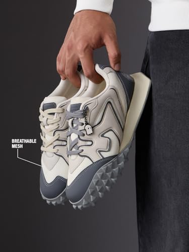 Image of The Souled Store Velocity 2.0: Orbit Men and Boys Low Top Sneakers Off White and Dark Grey Streetwear Fashion Breathable Mesh Upper Thick Midsole Textured Rubber Outsole Lace Up Closure Lightweight