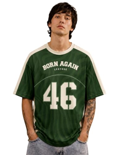 Image of LEOTUDE Men's Graphic Printed Oversized Jersey | Sports & Gym Wear | Half Sleeve Round Neck | Casual Streetwear | Loose Fit T-Shirt for Men's (Color : Green)