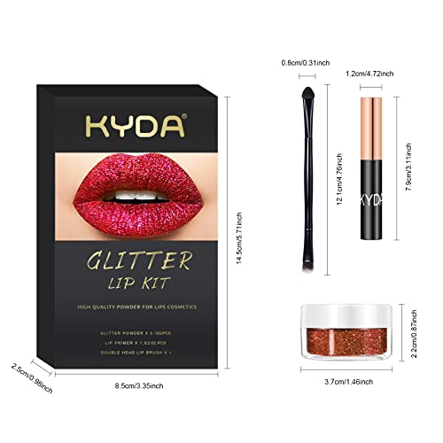 Kyda 3 Colors Glitter Lip Kit, Diamond Metllic High Pigmented Powder For Lips Cosmetics, Glitter Lips Makeup,With Lip Primer And Brush, Long Wear, By Ownest Beauty-Set C #TOP7