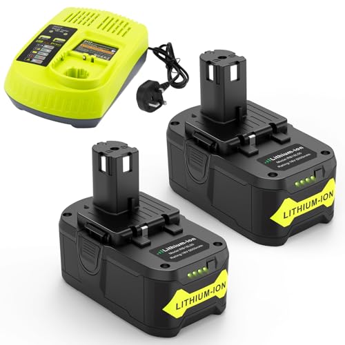 ASUNCELL 18V Battery and Charger for Ryobi One+, 2 Pack 5.0A Li-ion Replacement Battery with P117 Charger Set for Ryobi Compatible with Ryobi One Plus Cordless Tools Grass Trimmer Chain Saw Lawnmower