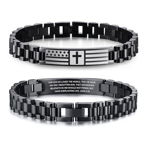 VNOX Personalized Religious Jewelry-Engraved Inspirational Christian Faith Bible Verse Quote Wristbands Elegant Link Bracelet Encouragement Gift,Cassic Watch Band Strap Design Black American