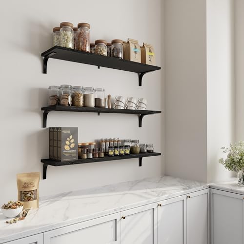 Image of Deep Floating Shelves, 12 Inch Extra Wide Solid Wood Wall Shelves, Heavy Duty Wall Mounted Bookshelf for Living Room, Kitchen and Bedroom, Set of 3 (36 Inch, Black)