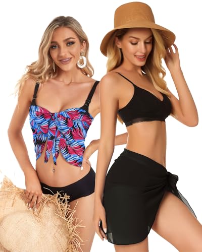 2 Pieces Sarong Cover Ups for Women Beach Bathing Suit Wrap Sheer Short Skirt Bikini Chiffon Scarf for Swimwear (Black and Pink Blue Leaves) — view 5