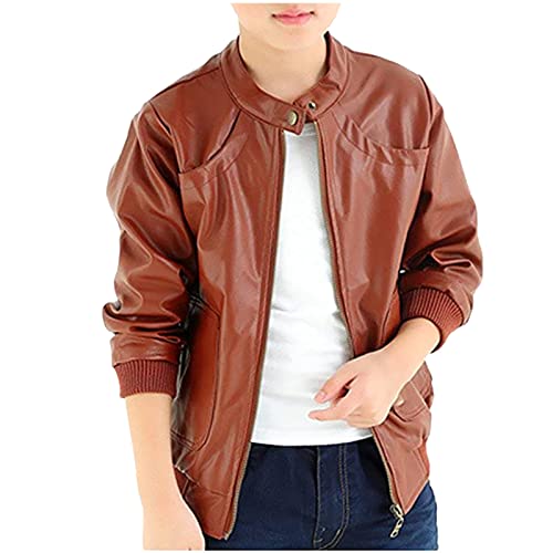 Toddler Kids Boys Zipper Leather Jackets Motorcycle Faux Leather Coats Fall Winter Outerwear Coat (Brown, 6-7 Years)