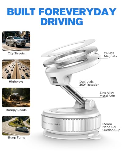 Image of Jononser Magnetic Car Phone Holder for MagSafe, Nano-Gel Suction Cup Phone Mount for Dashboard & Windshield, Pocket-Size Foldable 360 Adjustable Car Mount for iPhone 17 16 15 14 13 12 Series, White