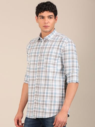 Image of Men's Cotton Melange Slim Fit Checked Shirt | Tartan Plaid | Spread Collar Full Sleeve | Casual Office Everyday Wear