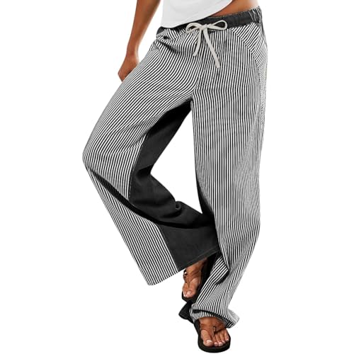 Franhais Striped Jeans for Women Trendy Drawstring Low Rise Baggy Jeans Y2K Straight Wide Leg Boyfriend Denim Pants Street