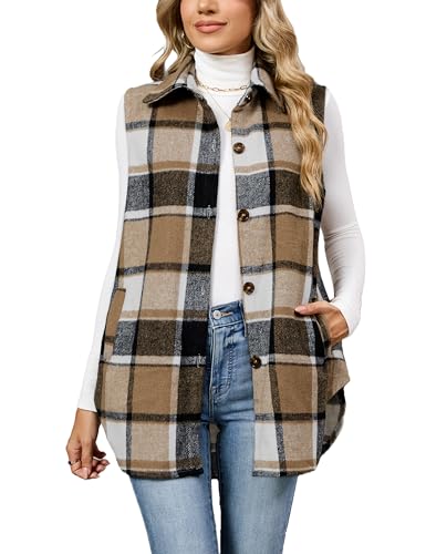 UANEO Womens Fall Flannel Plaid Vest Button Down Sleeveless Shirt