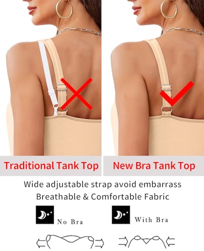 Image of V FOR CITY Women Tank Top with Built-in Padded Bra Adjustable Wide Strap V-Neck Camisole Cotton Cami Shirts