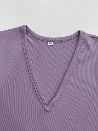 Image of Albe Rita Women Short Sleeve T-Shirt Cap V Neck Shirts for Women Ribbed Casual Top Knit Slim Fit for Summer