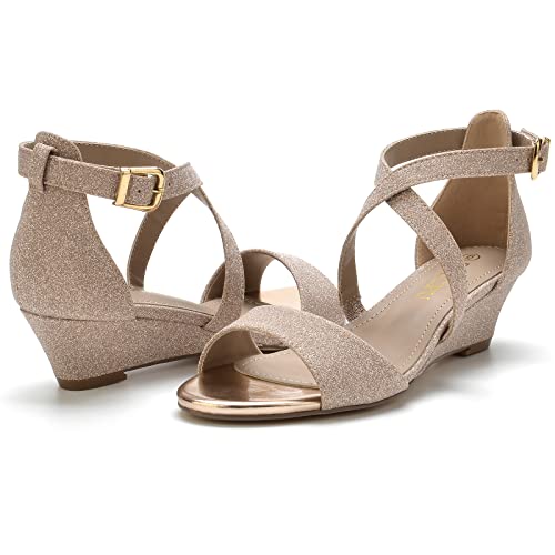 Bueupu Women's Ankle Sexy Strap Low Wedge Sandals(Champagne. 5) #TOP2