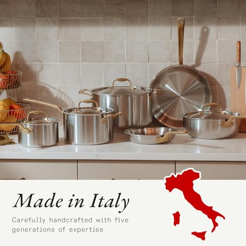Image of Made In Cookware - 10 Piece Stainless Steel Pot and Pan Set (Antique Brass) - 5 Ply Clad - Includes Stainless Steel Frying Pans, Saucepans, Saucier and Stock Pot W /Lid - Crafted in Italy