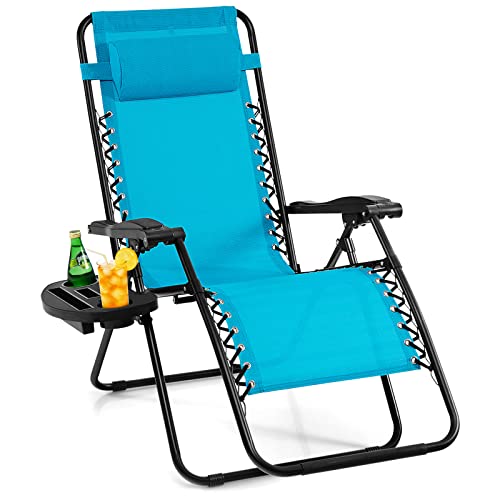 Image of GIANTEX Zero Gravity Reclining Chair, Outdoor Patio Recliner with Cup Holder & Removable Pillow, Adjustable Backrest, Indoor Lounge Chair for Backyard, Garden, Poolside (Blue)