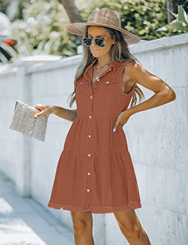 Image of luvamia Women's Casual Summer Lapel Sleeveless Button Down Short Denim Jean Dress