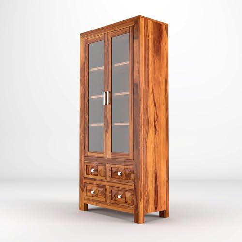 Image of Wood Book Shelf for Home Library | Book Shelf with Acrylic Glass Door | Kitchen Crockery Cabinet, Almirah, Home,Office Study Room Furniture Books Rack (Honey Finish)