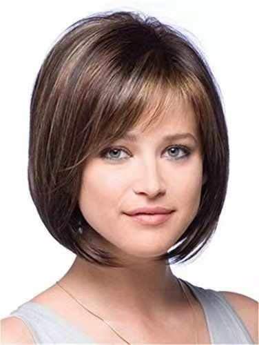 Short Brown Wigs for Women Mixed Blonde Highlights Bob Wigs with Bangs Upgrade Synthetic Heat Resistant Fibre Hair Wigs for Daily Hair Replacement Wigs WAVE&BREEZE Wigs + 2 Wig Caps
