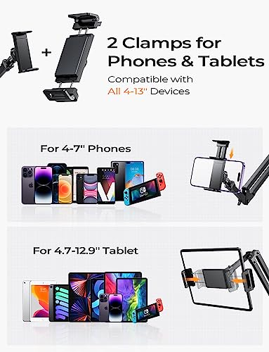 Lisen Tablet Phone Stand For Ipad Holder Mount For Desk [Ultra Durable]2 Clamps Phone Tablet Holder For Iphone Flexible Tablet Mount Cell Phone Stand Fits Ipad Pro Iphone 14 13 Galaxy All 4-13" Device #TOP6
