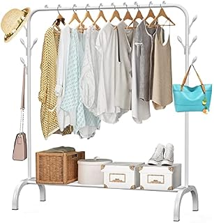 LONENESSL Metal Clothes Rail Garment Rack, Heavy Duty Coat Rail with 1 Tier Lower Storage Shelf and 8 Side Hooks for Hanging Clothes, Stand Rail Hanger Organiser Shelf Bedroom Clothing Rack(White)