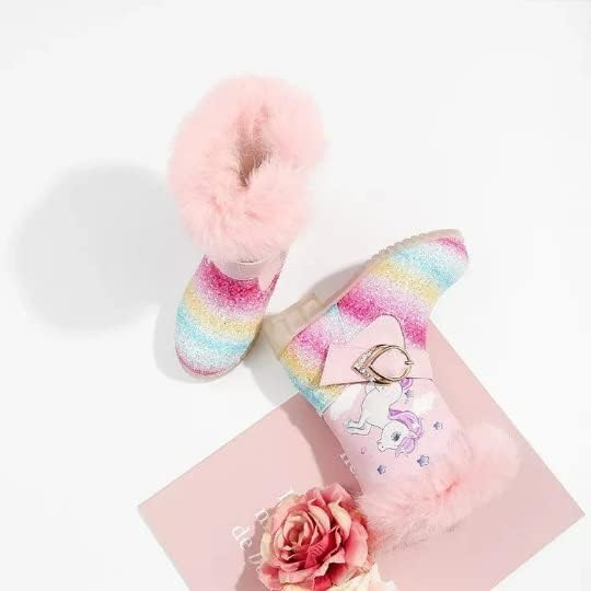 Girl's Unicorn Princess Winter Boots Ankle High + Fur Lining Warm Boots | Pink & White Unicorn Rainbow2