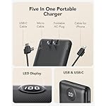 VRURC Portable Charger Built-in Cables and AC Wall Plug, USB C Power Bank 10000mAh, Travel Essentials Phone Charger Compact Lightweight External Battery Pack for Smart Phones, Tablets-Pure Black - Image 2