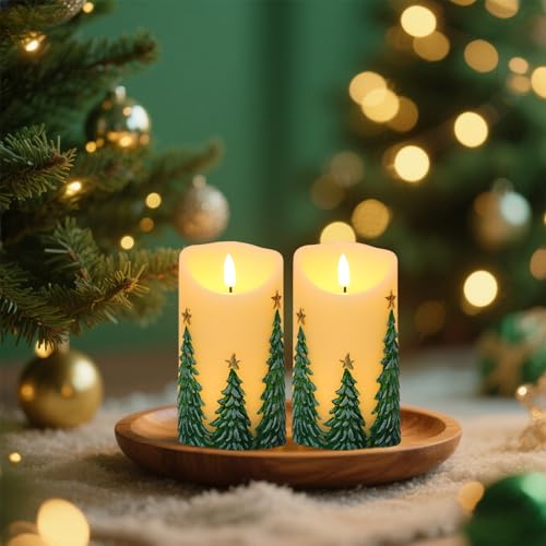 Image of Eldnacele Christmas Flameless Candles with 6 Hour Timer Battery Operated Hand Painted Christmas Tree Real Wax 3D Wick Flickeirng LED Pillar Candle for Dinner Indoor Holiday Xmas Decor(2Pcs,D3xH5.7)