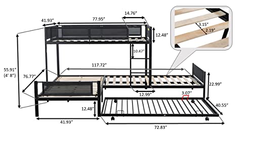 Oudiec L-Shape Triple Bunk Bed With Trundle For 4 Kids Adults,Sturdy Steel Bedframe With Safety Guardrail For Dorm,Bedroom,Guest Room,No Box Spring Needed,Black #TOP1