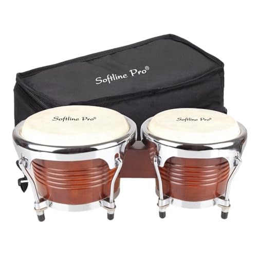 Image of Softline Pro Premium Natural Bongo Drum Set with Padded Bag and Tuning Key /Wrench Professionals Wooden Bongos Drum for Beginner Adults Kids Bongo Drum Percussion Instrument (SP BNG BR - SP)