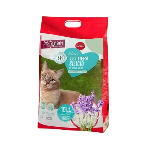 Lettiera Agglomerante Gatto al Silicio 15L - Sabbia per Gatti Lavanda, Silica Gel Cristalli XXL - Sabbietta Inodore, Assorbente, Anallergica, Non Polverosa - Proprietà Batteriostatica Lunga Durata