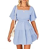 Shy Velvet Women's Summer Dress Square Neck Short Sleeves Crossover Waist Casual Party Mini Dress Blue