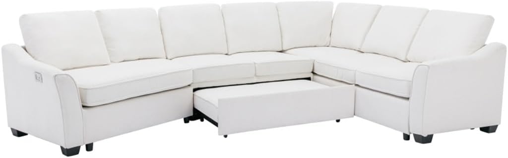129.5" Sectional Sofa,Comfort Sleeper with Pull-Out Bed, L-Shape Couch with Charging Port for Living Room