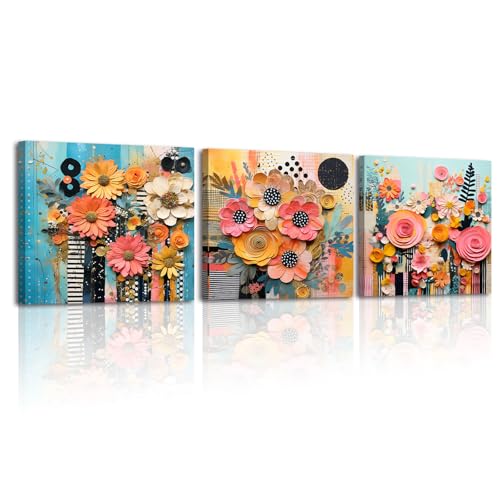 PIY PAINTING Set 3 Quadro Moderno Soggiorno Artistico Floreale Colorato Immagini Pittura Moderni Decorazione Canvas Quadretti Da Parete Stampe Su Tela Camera Da Letto Con Cornice Cucina 30×30cm