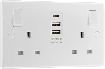 BG Electrical 15W Double Switched Power Wall Plug Socket with Two Type A and Single Type C USB Charging Ports, Round Edge, Nexus 800 Series, White Moulded, 13A, 822UAAC15