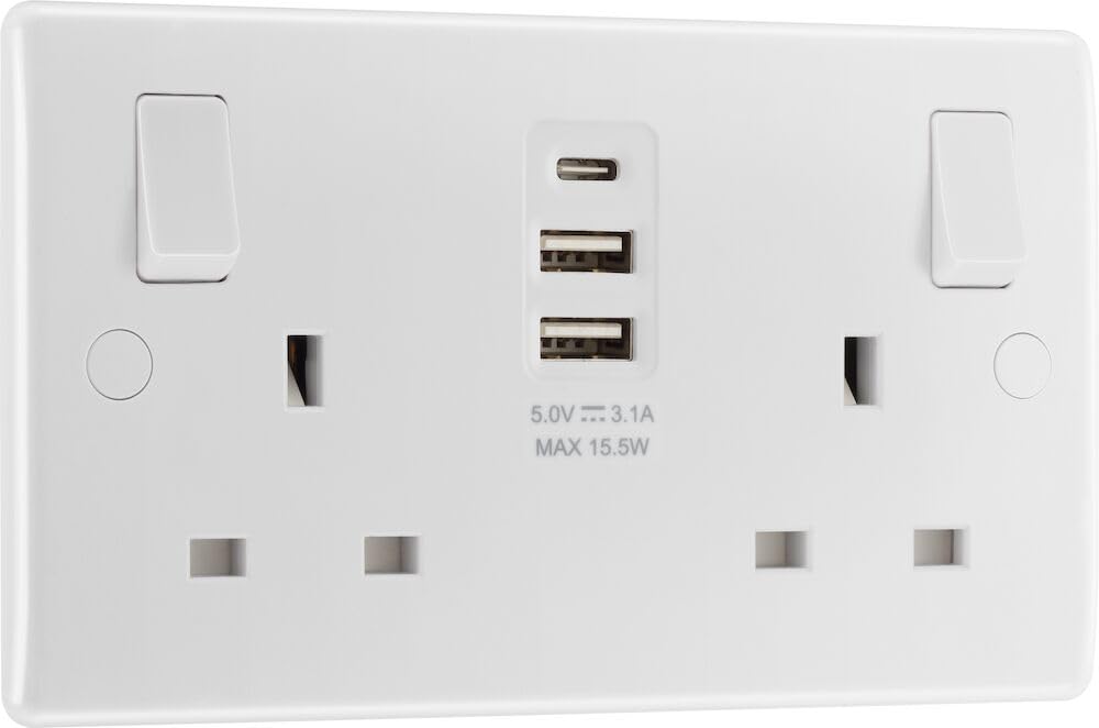 BG Electrical 15W Double Switched Power Wall Plug Socket with Two Type A and Single Type C USB Charging Ports, Round Edge, Nexus 800 Series, White Moulded, 13A, 822UAAC15
