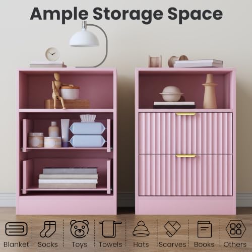 Image of Wodeer LED Nightstand with Charging Station, Fluted Nightstand Set of 2, Wood Nightstands with 2 Drawers & Metal Handles, Modern Bedside Table & End Tables, Farmhouse Night Stands for Bedroom, Pink